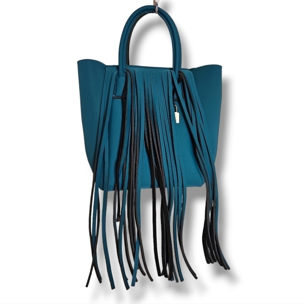 Save My Bag Turquoise Hippie Fringed Neoprene Tote Bag - Large